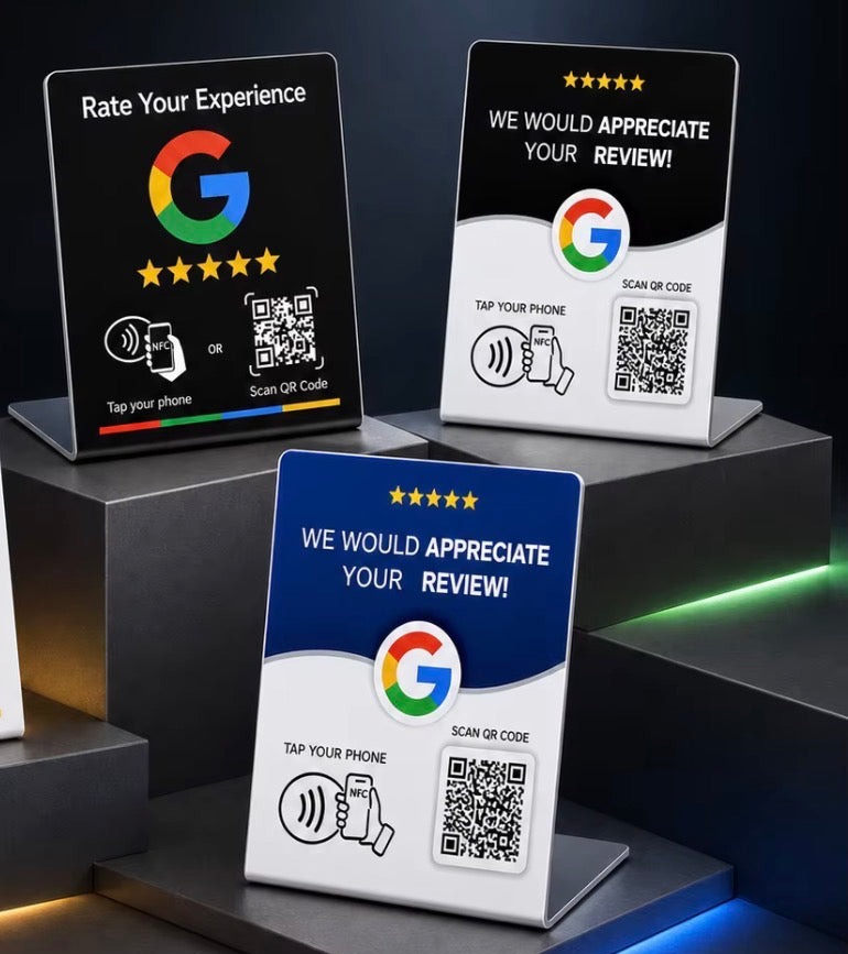 NFC Google review displays on a counter