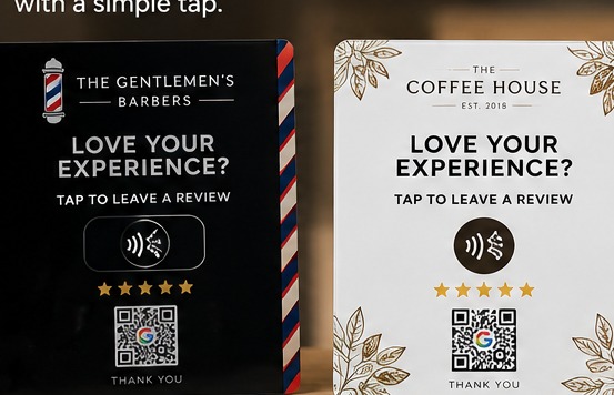 Custom branded NFC review plaques in different colours